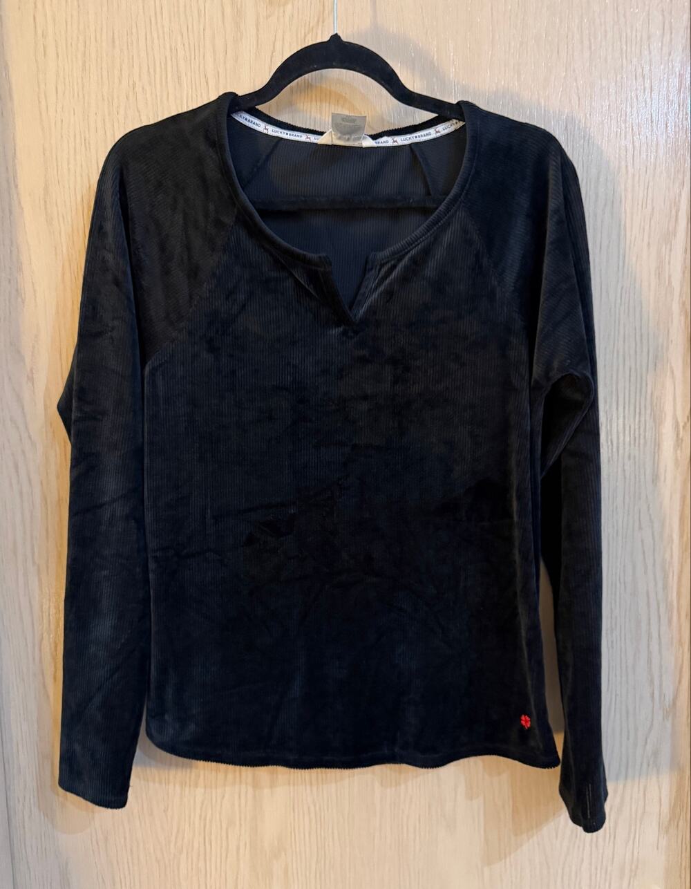 Lucky Brand Black Velour Split Neck Long Sleeve Top Size S